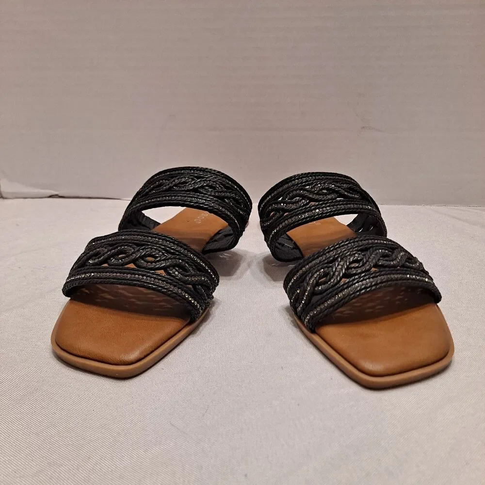 Bamboo Women's Braided Rhinestone Sandals Size 7 Black 2-Straps Slides